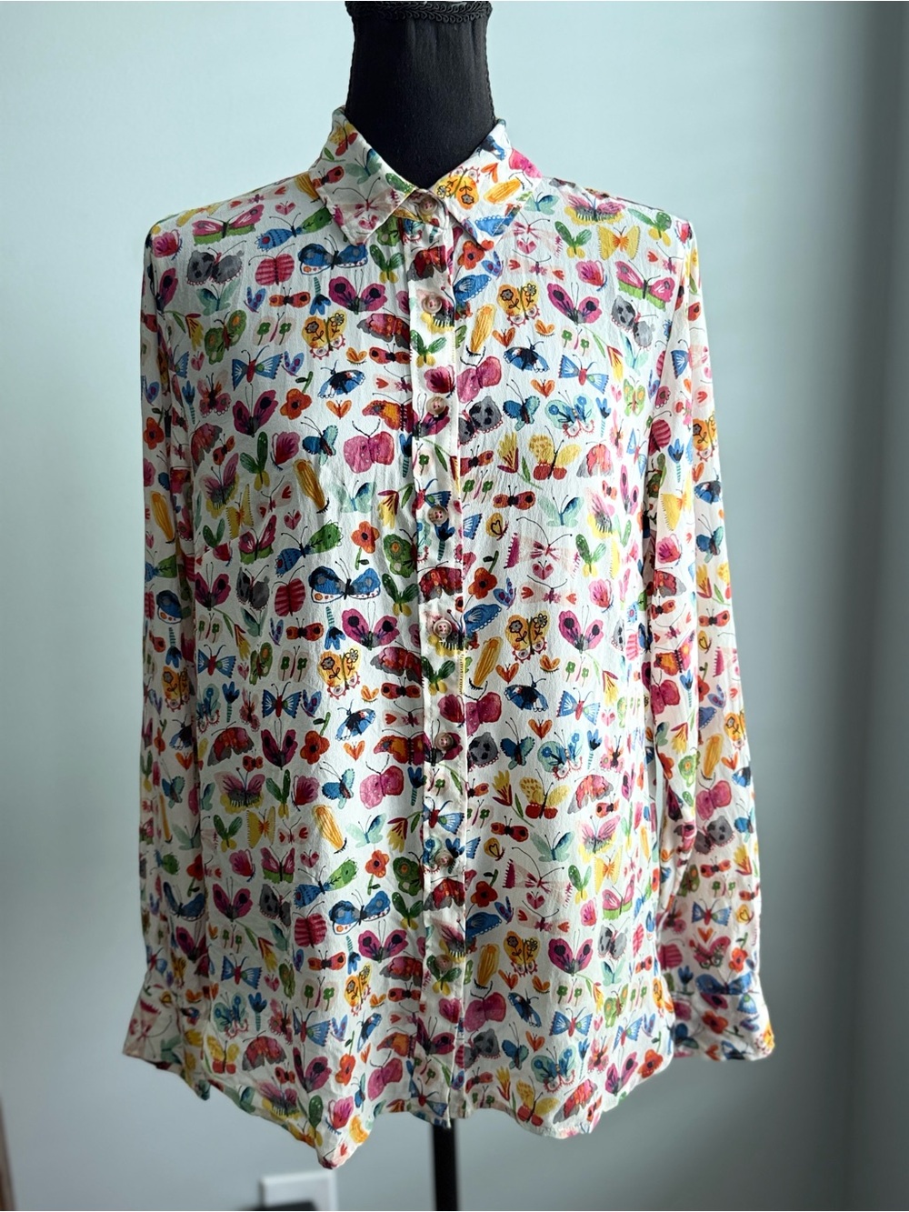 Anthropologie Silk Button-Down Shirt with Multicolor Butterfly and Floral Print - Picture 2 of 6
